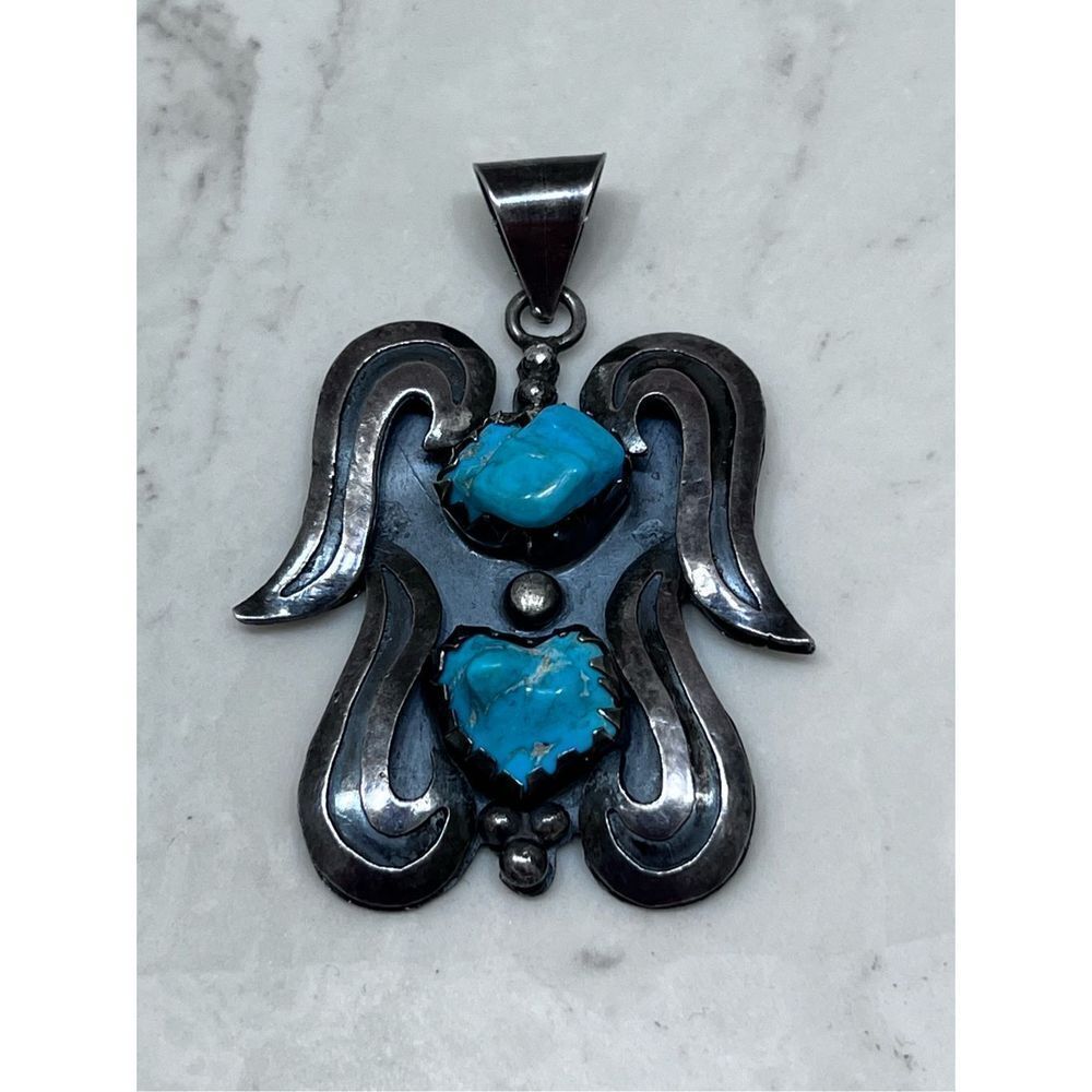 Vintage Southwest 980 Sterling Silver Turquoise Angel Pendant